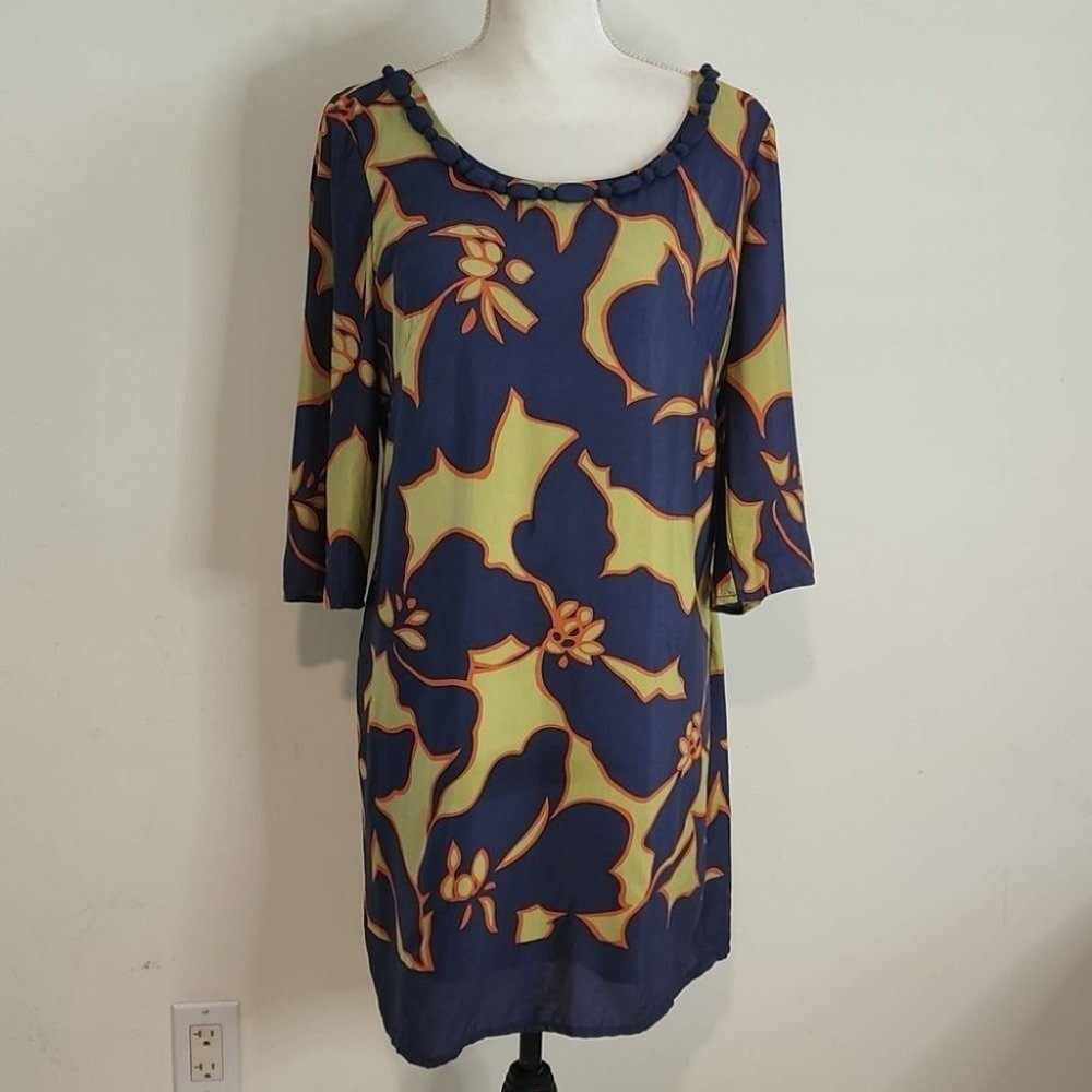 LOFT by Ann Taylor Blue Green Floral Mini Round Neck Mini Shirt Dress 4 T20 - Picture 1 of 10